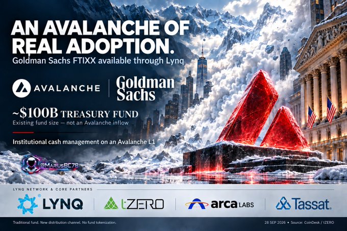 An Avalanche/A16z infographic titled 'AN AVALANCHE OF REAL ADOPTION' announcing Goldman Sachs FTIXX treasury fund access via Lynq, mentioning ~$100B fund size.