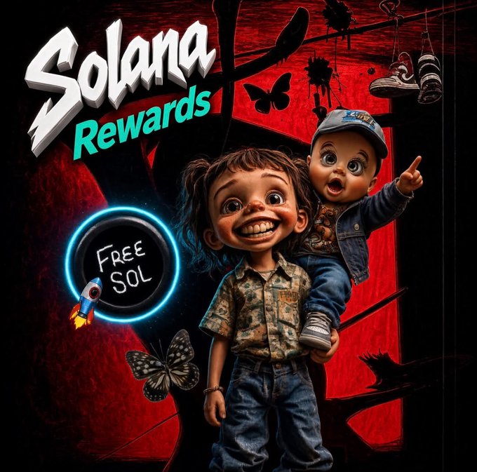 A dark, stylized graphic titled 'Solana Rewards' features grotesque doll-like characters, butterflies, and a glowing rocket with 'FREE SOL' inside a blue neon circle on a red background.