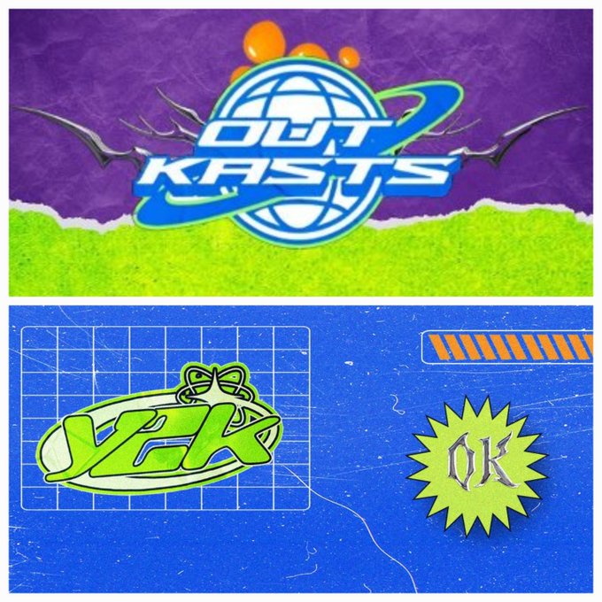 Two retro Y2K-style graphics: the top shows an 'OUTKAST' logo with a globe, and the bottom displays a 'YEK' logo and an 'OK' starburst, all featuring a distressed, vintage texture.