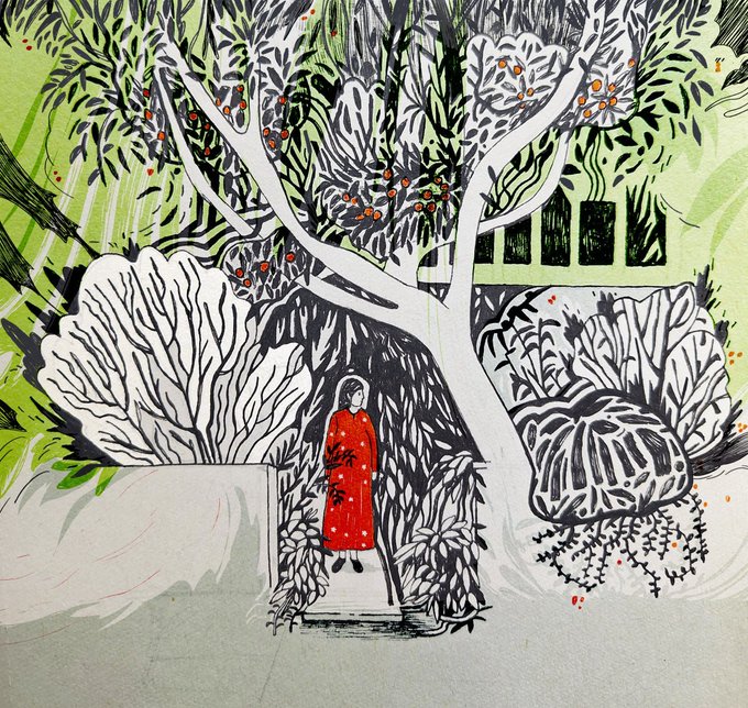 An illustrated artwork depicts a woman in a red dress standing beneath a large, detailed tree with white branches and green foliage.