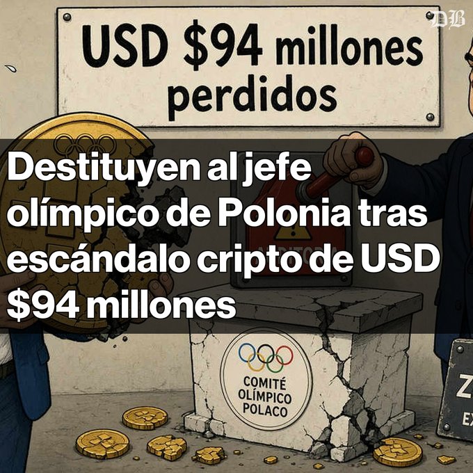 A Spanish-language news graphic stating 'Destituyen al jefe olímpico de Polonia tras escándalo cripto de USD $94 millones', depicting a cracked Olympic podium labeled 'COMITÉ OLÍMPICO POLACO' under a sign reading 'USD $94 millones perdidos'.