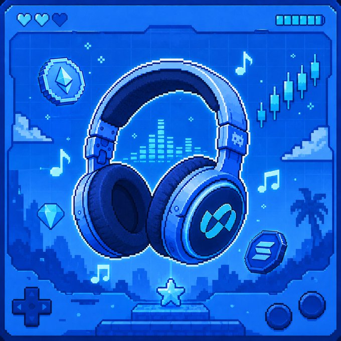 A pixel art illustration of blue gaming-style headphones surrounded by music notes, sound waves, an Ethereum coin, and a Solana logo, framed like a video game UI. The image ties into the "vibes over charts" crypto post by visually representing the user's market mood as a soundtrack — a catchy, energetic tune reflecting bullish altcoin energy.
