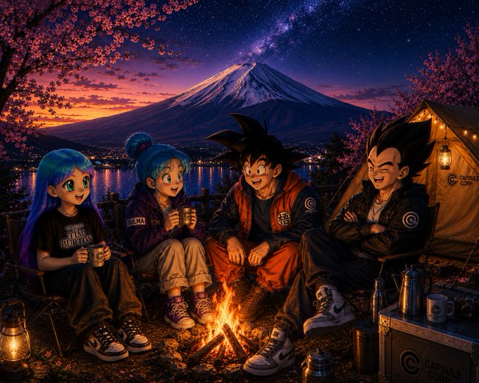 A group of four anime-styled friends gather around a campfire under a starry sky with Mount Fuji in the background, featured alongside "Capsule Corp" branding and a "Bulma" jacket patch. The serene, patient scene of friends bonding by the fire mirrors the post's message about weathering market volatility with conviction, protecting one's capital, and letting patience—not panic—guide the journey.