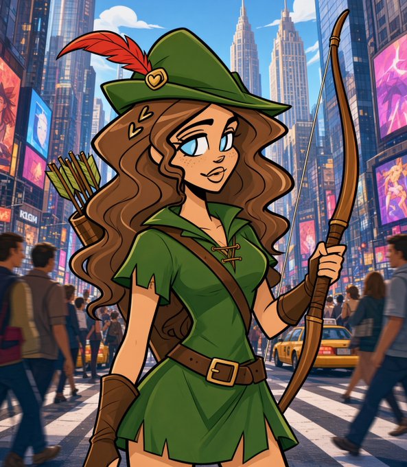 Cartoon-style illustration of a female archer character in a forest, wearing green attire and a feathered cap, with a quiver of arrows and a wooden bow.