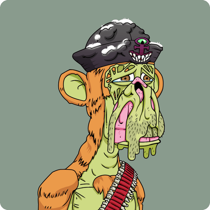 A grotesque, surreal illustration of a monkey-like creature with a melting green face, wearing a black pirate hat adorned with a Venus symbol.