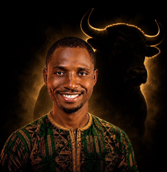 A smiling man wearing a green and gold patterned African tunic stands in front of a dramatic, dark background featuring the glowing silhouette of a bull with prominent horns. The image's bull symbolism and confident portrait visually reinforce the post's message about a crypto developer ("SUNUSI") who is openly transparent about his contributions to the Web3 community rather than hiding behind anonymity.