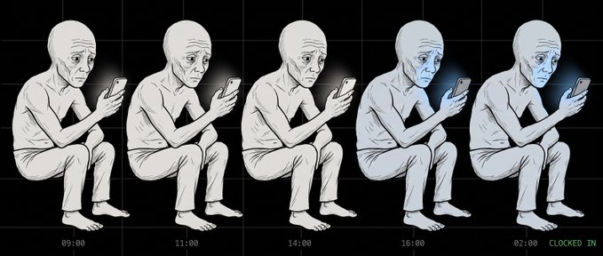 An illustrated progression shows a person sitting and staring at a phone from 09:00 to 02:00, gradually looking more tired and blue in the face, labeled 'CLOCKED IN'.