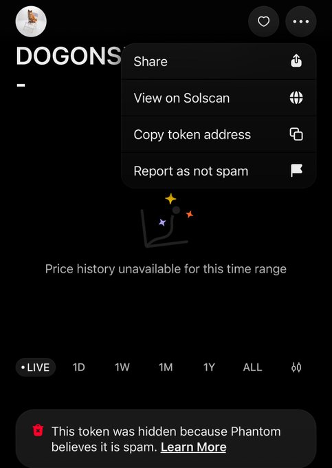 The image displays a Phantom wallet screen for the "DOGONS" token, showing an open dropdown menu with options including Share, View on Solscan, Copy token address, and Report as not spam, while a notice indicates the token was hidden as suspected spam. The accompanying post instructs users to search for the token's contract address and use the "Report as not spam" option visible in this menu to legitimize the suspected scam token.