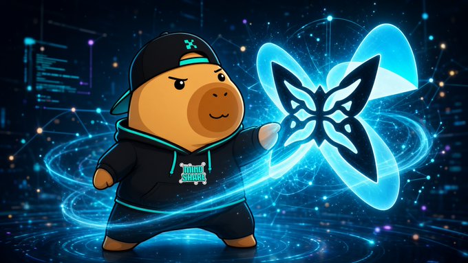 A cartoon bear character wearing a black cap with an X logo and a 'Mini Store' hoodie stands against a digital background, gesturing toward a glowing blue butterfly-shaped X logo.
