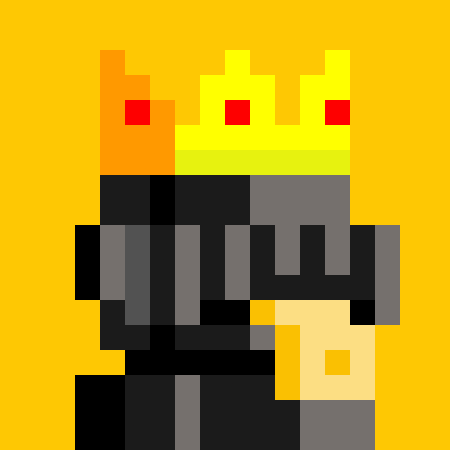 A pixel art image depicting a character wearing a yellow and red crown and dark armor against a yellow background.
