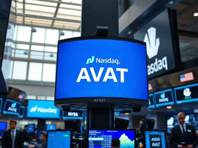A curved Nasdaq display prominently shows "AVAT" alongside the Nasdaq logo, surrounded by trading screens and people on the exchange floor, visually reinforcing the context of AVAT's 73% collapse since its Nasdaq debut following its $265M Avalanche ($AVAX) treasury bet.