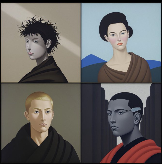A four-panel grid displaying stylized, modern artistic portraits of characters against various colored backgrounds.
