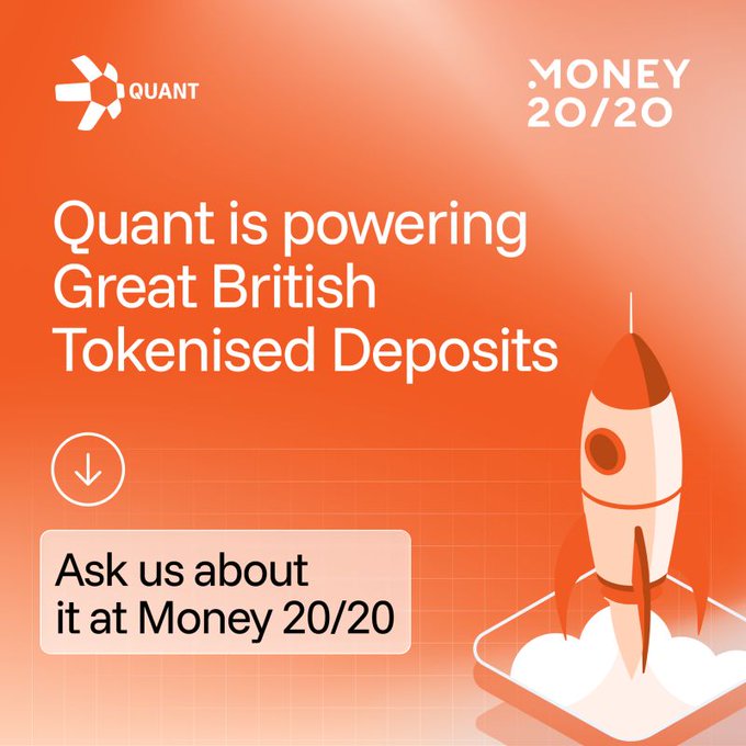 The image features a rocket ship with the text "Quant is powering Great British Tokenised Deposits" written above it. Below this, there's a small white box containing the text "Only one week left until @money202/20". The rocket ship and the text are set against an orange background that highlights the importance of the post. The image also includes a link to the website Money20/20, which is likely where users can learn more about the topic or interact with the content.