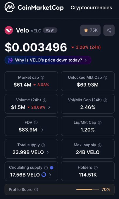 A CoinMarketCap screenshot for VELO (rank #291) shows the latest token metrics, including a price of $0.003496, market cap of $61.4M, total supply of 23.99B VELO, circulating supply of 17.56B VELO, and 114.51K holders—figures used in the post to clarify the discrepancy between the current total supply shown on CMC and the older 30 billion figure still listed on some BSC explorers.
