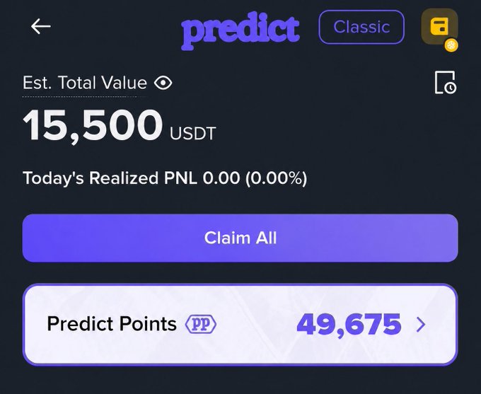 The image shows a screen displaying a list of points, with "Predict Points" being the main focus. The text indicates that there are currently 49,675 PP (Prediction Market!) and they are aiming for much more. The post mentions that this is still early days in the Prediction Market, where users can stack their predictions to increase their chances of winning. It also highlights that the biggest rewards often go to the earliest users.