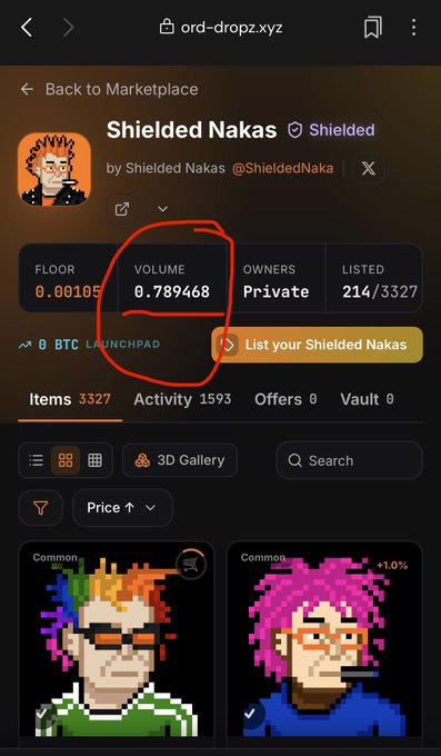 A screenshot of an NFT marketplace page on ord-dropz.xyz for the 'Shielded Nakas' collection by @ShieldedNaka, showing a trading volume of 0.789468 BTC circled in red, alongside floor price, ownership stats, and pixel art character listings.
