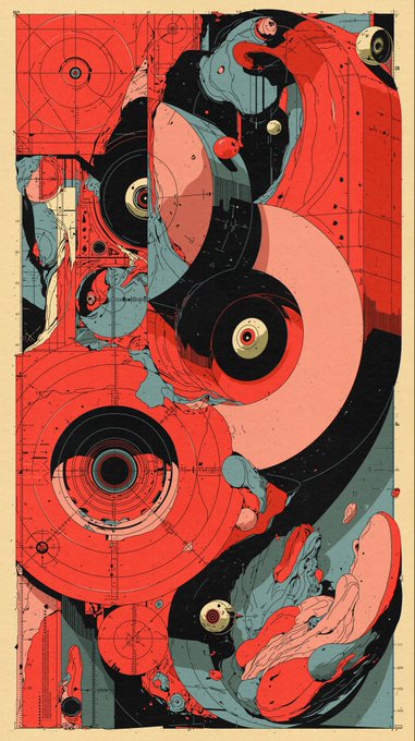 An abstract artwork featuring swirling red, black, and pink organic shapes with circular patterns and mechanical details in a graphic poster style.