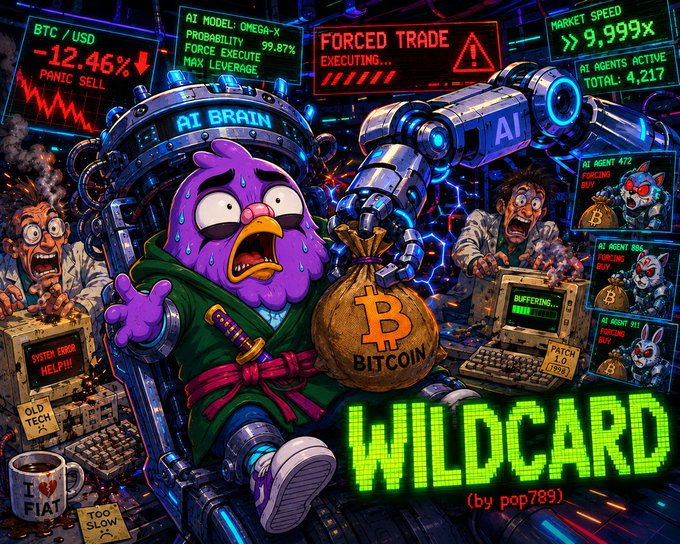 A vibrant, chaotic digital illustration features a purple creature strapped to a chair labeled 'AI BRAIN', holding a money bag marked 'BITCOIN', surrounded by panicked humans and trading screens displaying 'BTC/USD -12.46% PANIC SELL' and 'WILDCARD (by pop799)'.