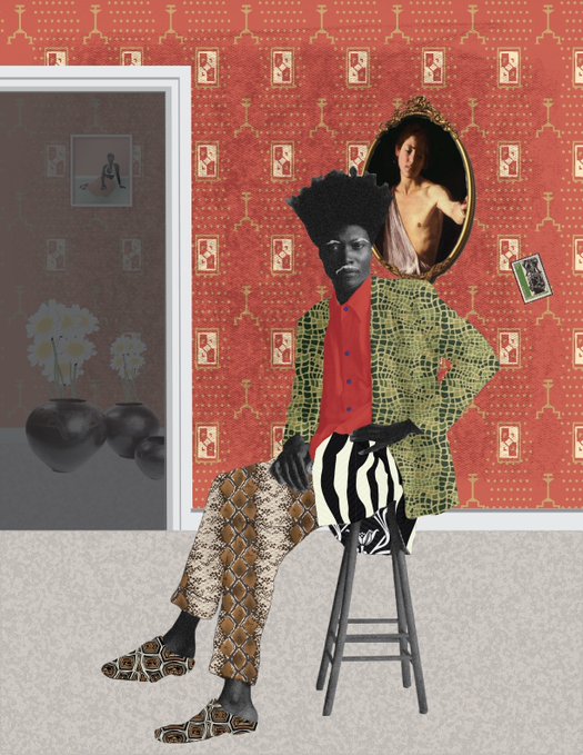A stylized collage artwork features a seated Black figure with an afro, dressed in a green textured jacket, striped pants, and patterned trousers, set against a vibrant red patterned wallpaper background adorned with ornate picture frames, mirrors, and vases. The artwork, titled "MR Do Good" and available on TransientLabs, visually embodies the bold, contemporary aesthetic of a digital art edition.