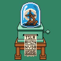 A pixel art snow globe featuring a small character with a fishing rod sits atop a stack of wooden blocks displaying stock tickers including "TSLA," "AMZN," "NVDA," and "USDC," symbolizing the accumulation of tokenized assets in a 4-hour giveaway campaign.