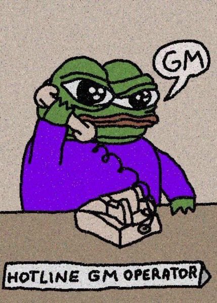 A drawing of a sad-looking Pepe the Frog wearing a purple hoodie, holding a telephone receiver next to a rotary phone, and a speech bubble saying 'GM'. The text below reads 'HOTLINE GM OPERATOR'.