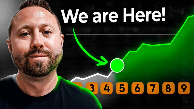 A bearded man appears next to a green upward-trending chart labeled 'We are Here!' with an arrow pointing to a current position on a scale numbered 3-9.