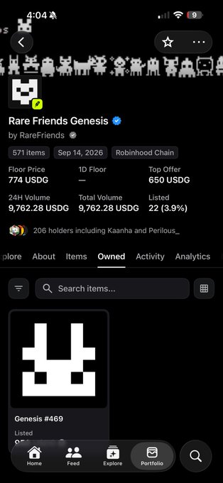 A mobile app screenshot shows a digital asset listing for 'Rare Friends Genesis' on the Robinhood Chain, featuring 571 items, a floor price of 774 USDG, and displaying a pixelated space invader-style NFT image labeled 'Genesis #469'.