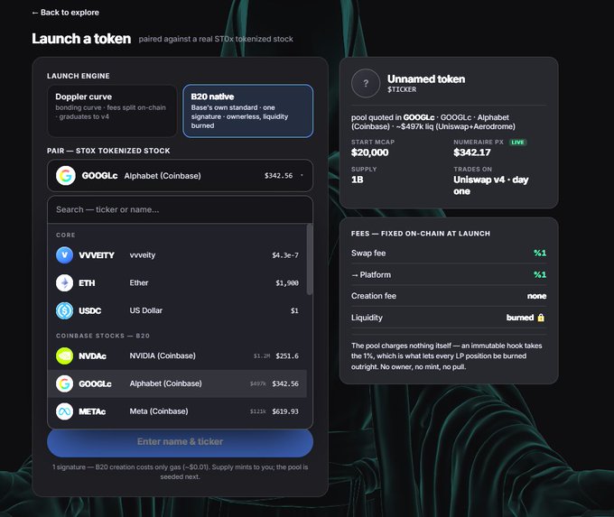 The image shows a "Launch a token" interface on a B20 token launch platform, where users can create stock-paired tokens like the displayed example paired with GOOGLc (Alphabet) at $342.56, with a $20,000 start MCAP and 1B supply. The interface highlights the "one signature" simplicity mentioned in the post, showing the Deploy curve bonding mechanism, a 1% swap fee, and a note that creation costs only gas (~$0.01) for tokens like NVDAc, GOOGLc, METAc, and AAPLc.