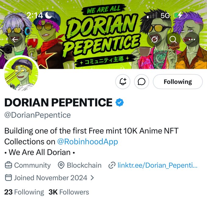This is a screenshot of the Twitter profile for Dorian Pepentice, an anime NFT collection with a 10K supply and a free mint on the Robinhood Chain.