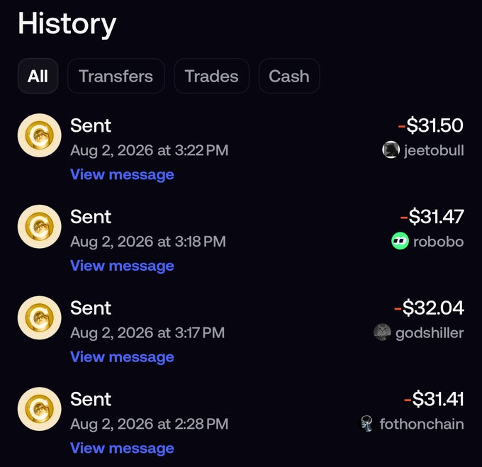 A cryptocurrency wallet history showing four "Sent" Dogecoin transactions on August 2, 2026, with amounts ranging from $31.41 to $32.04 to recipients jeetobull, robobo, godshiller, and fothonchain. The transactions don't appear to directly relate to "$CATE" or a cat coin supercycle as claimed in the post.