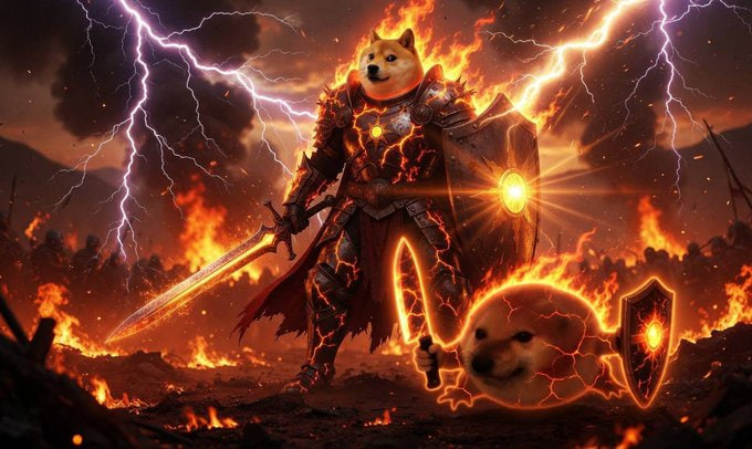 A fantasy artwork depicts a Doge-faced warrior in dark armor wielding a sword and shield, surrounded by flames and lightning, with a flaming Doge head emblem on a battlefield.