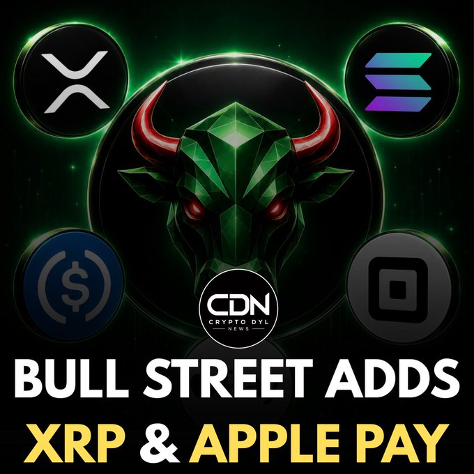 A Crypto Dyl News (CDN) graphic headlined 'BULL STREET ADDS XRP & APPLE PAY,' featuring XRP, Solana, USDC, and another crypto logo around a green horned demon mascot.
