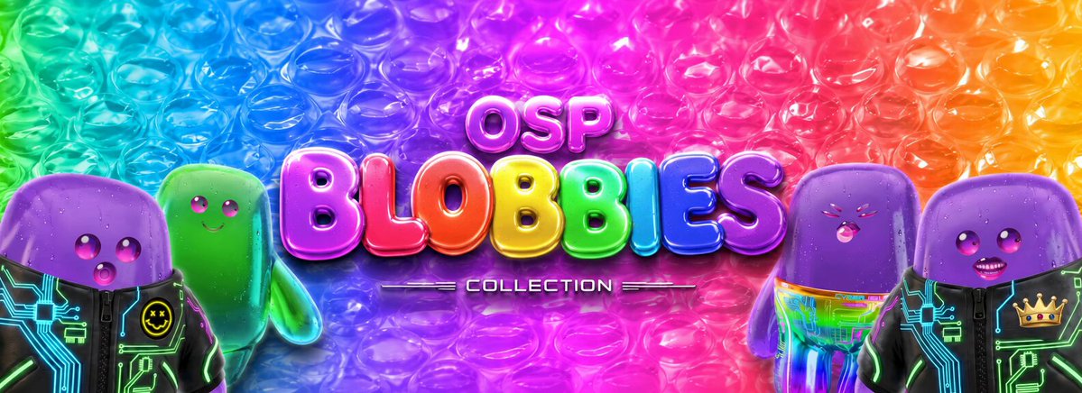 The image features a banner with four purple blobbies, each wearing different colored outfits, standing next to each other against a colorful background. The text "osp blobbies collection" is displayed below them, indicating that this is part of an ongoing series or collection related to the blobbies character.