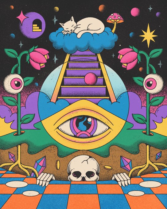 A vibrant psychedelic illustration featuring a sleeping cat on a cloud, a staircase leading to an eye, a skull, mushrooms, and surreal flora against a starry cosmic background.