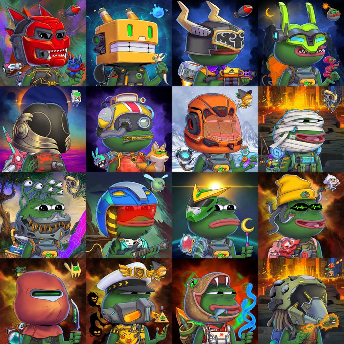 A 4x4 grid showcasing 16 unique Pepe Explorer characters, each featuring distinct helmets and accessories ranging from samurai armor and astronaut gear to shamanic masks and cyber enhancements, illustrating the collection's diverse character designs. Small "Pepe" logos appear on each character's chest, reinforcing the brand identity mentioned in the caption.
