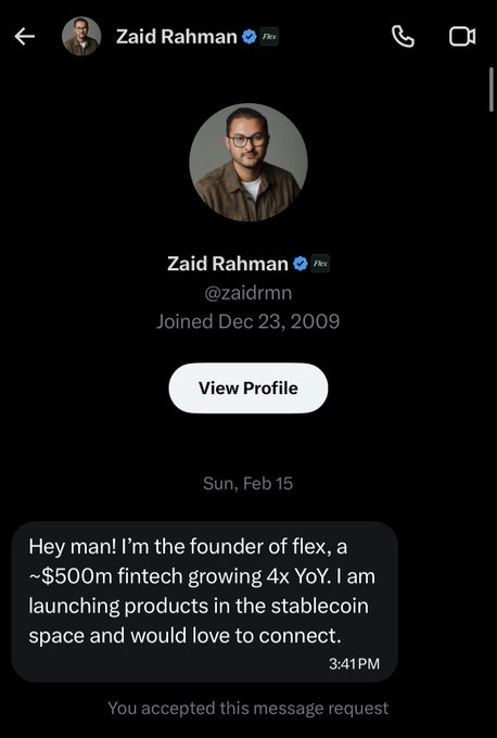 A screenshot of a Twitter/X DM request from Zaid Rahman (@zaidrmn), founder of Flex, who introduced himself and mentioned launching products in the stablecoin space. The accompanying post emphasizes Flex's $700M valuation increase in 4 months, highlighting the company's rapid growth and likely prompting outreach to potential collaborators in the fintech/stablecoin space.

The relevant text reads: "Hey man! I'm the founder of flex, a ~$500m fintech growing 4x YoY. I am launching products in the stablecoin space and would love to connect."