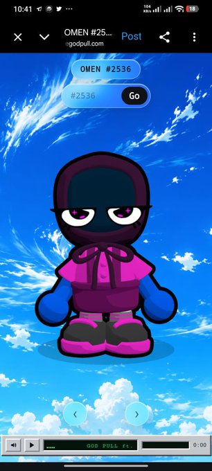 A digital illustration of a cartoonish character wearing a purple ninja-style hood and outfit, set against a blue sky with clouds, labeled 'OMEN #2536' in a text box at the top.