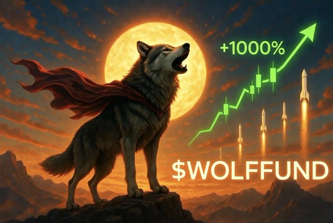 A dramatic digital artwork of a howling wolf wearing a red cape against a full moon, accompanied by rockets, a green '+1000%' chart arrow, and the text '$WOLFFUND'.