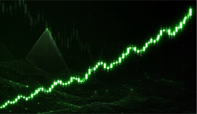 A digital illustration of a financial candlestick chart trending upwards in bright green against a black background with geometric network lines.