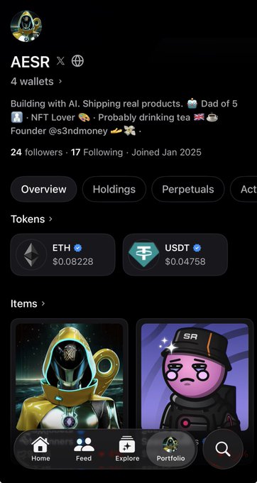 Crypto portfolio profile for user 'AESR' showing holdings of ETH ($0.08228) and USDT ($0.04758), with a bio describing the founder as a 'Dad of 5' and 'NFT Lover' who is 'probably drinking tea'.