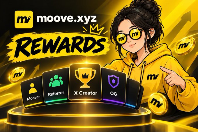 A promotional graphic for 'moove.xyz' featuring a woman with MV-logo glasses pointing to reward tiers labeled 'Moover,' 'Referrer,' 'X Creator,' and 'OG' against a golden background.