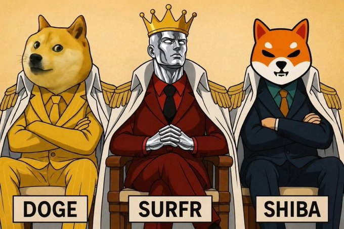 A cartoon illustration depicting three characters seated like judges: Doge (DOGE) in a yellow suit on the left, a crowned silver figure labeled 'SURFR' in a red suit in the center, and Shiba Inu (SHIBA) in a blue suit on the right.