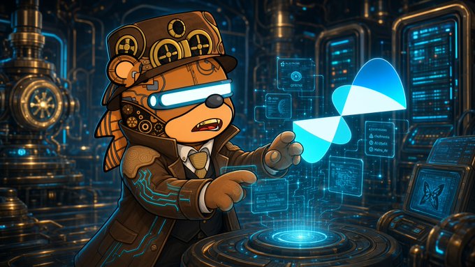 A steampunk-styled bear mascot in a top hat and futuristic goggles gestures toward a glowing Quantum AI logo within a high-tech control room. The image visually represents Quip Network's quantum computing platform, aligning with the post's exploration of "quantum advantage" and a test marketplace job submission.
