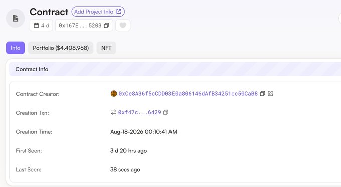 A screenshot of a blockchain contract info page showing details for a contract created by address 0xCe8A36f5cCDD03E0a806146dAFB34251cc50CaB8, with creation time Aug-18-2026 00:10:41 AM and a portfolio value of $4,408,968.
