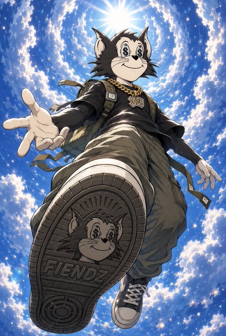 Anime-style illustration of an anthropomorphic black cat character in streetwear reaching toward the viewer, with the shoe sole showing a cat face logo and the text 'FIENDZ'.