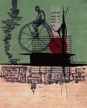 Mixed-media collage artwork on a green background featuring a silhouette of a man riding a penny-farthing bicycle, abstract red shapes, and sketched cityscape elements.