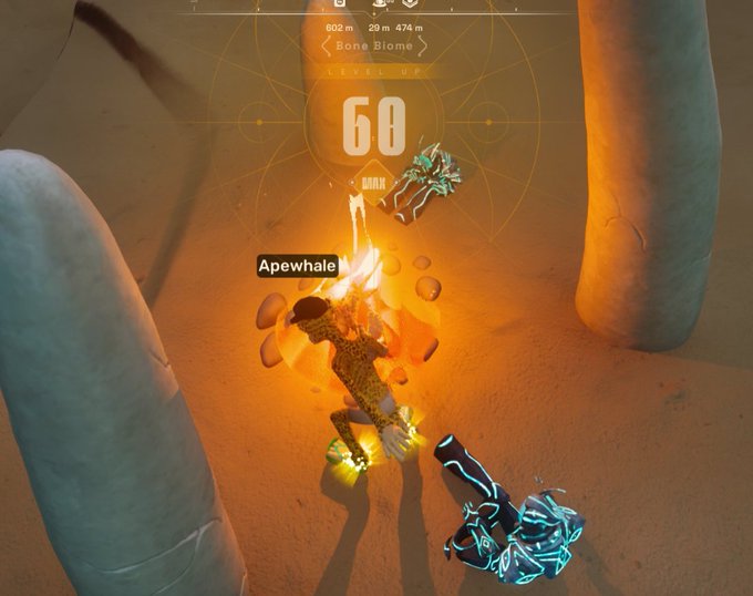 The image shows an animated scene of two characters, one with a sword and the other holding a gun, engaged in combat within a desert setting. The character wielding the sword has a large head, while the one with the gun has a smaller head. They are surrounded by various objects such as a pipe, a rock, and a tent. In the background, there is text that reads "60" and "@OthersideMeta".