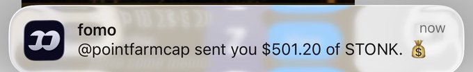 A notification from the Fomo app shows that @pointfarmcap gifted $501.20 worth of $TONK to the user, celebrating the token's recent success as referenced in the accompanying grateful post.