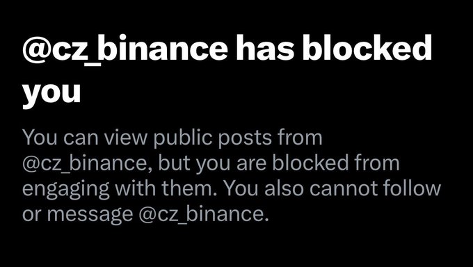A screenshot from X (formerly Twitter) showing that the account @cz_binance, the handle associated with Binance founder Changpeng Zhao, has blocked the user, preventing them from engaging with the account. The image is unrelated to the accompanying post, which describes a peaceful Friday routine ahead of a casual game night with friends.