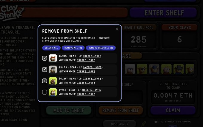 A 'Clay Stonks' web interface shows a 'REMOVE FROM SHELF' modal listing four Shrek-themed NFT collectibles priced at #6305, #9479, #286, and #1957, with re-stocking fees of 0.0047 ETH to claim.